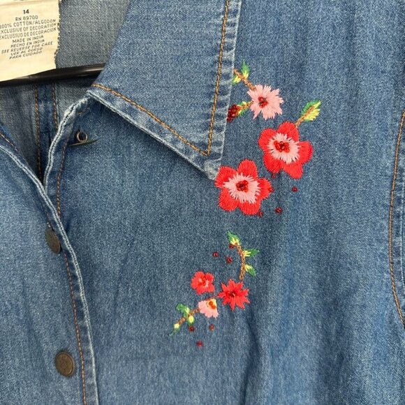 Vintage K Studio Plus Size 14 Denim Embroidered Floral Open Back Button Up Shirt - Picture 4 of 14